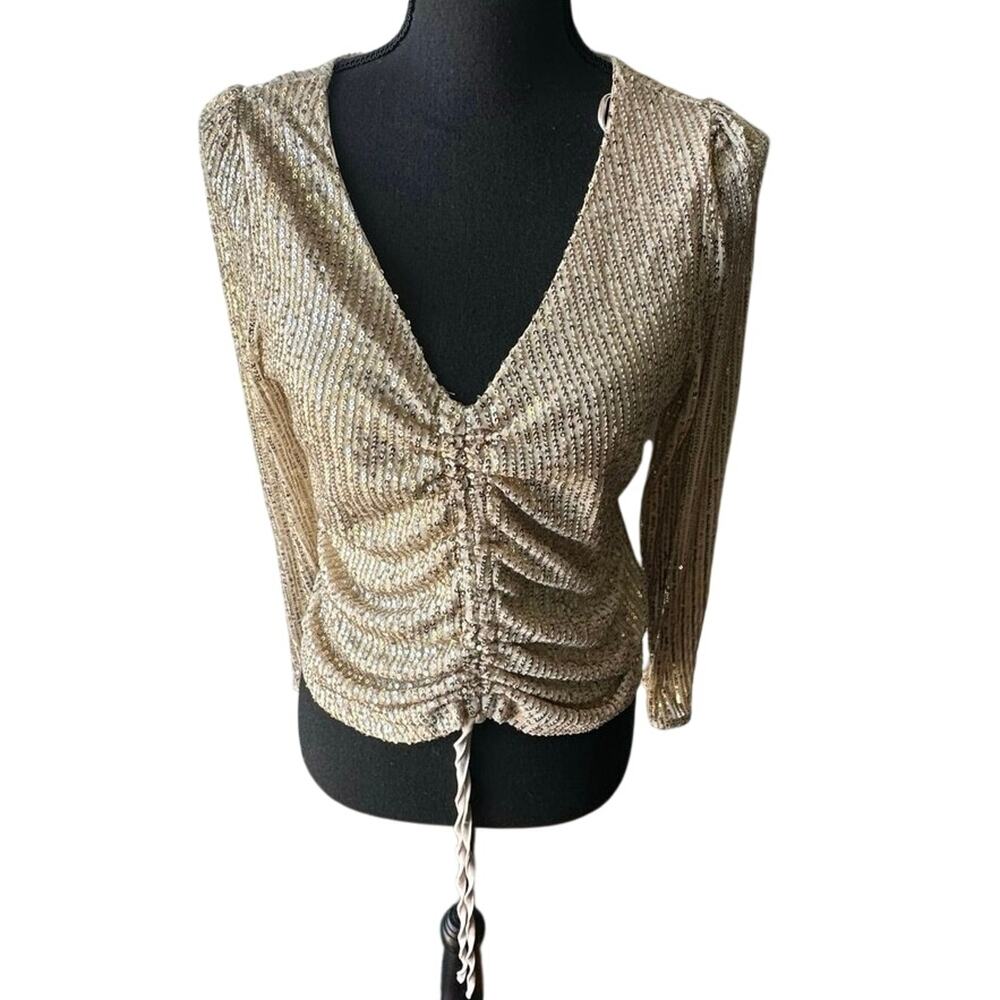 Milk & Honey Gold Sequin Long-Sleeve V-Neck Blouse Size L